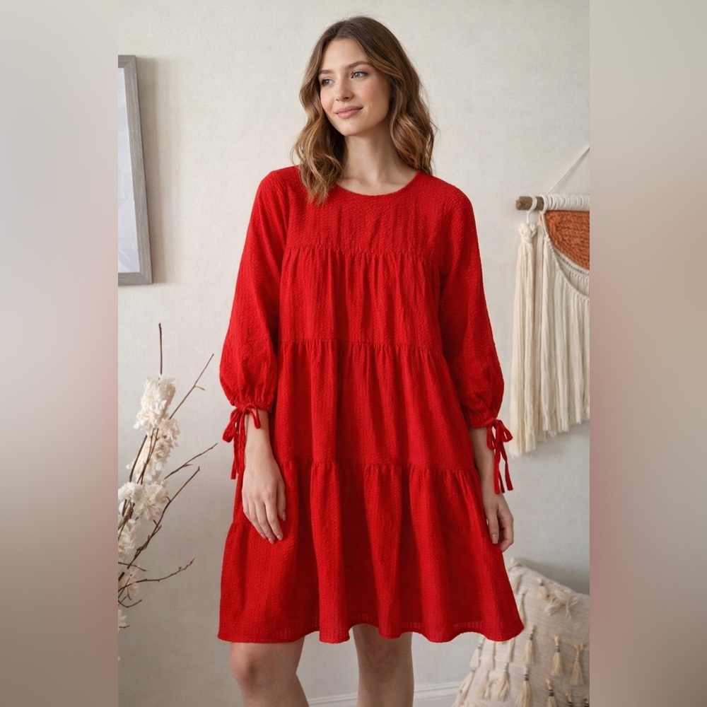 Zara Red Textured Tiered Babydoll Mini Dress